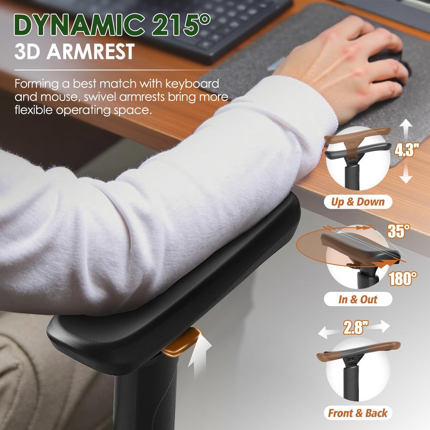 Ergonomic Office Chair, Big and Tall Mesh Chair with Lumbar Support, 3D Armrest - 215° Rotation, Adjustable Headrest & Soft Seat, Durable Desk Chair 350LBS for Work Gaming Computer,Grey