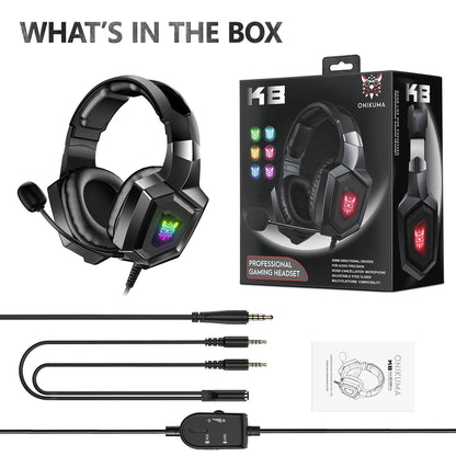 K8 Wired Gaming Headphones with Flexible HD Mic RGB Lighting Effect Over-Ear Wired Headset Gamer for PC Gaming Xbox